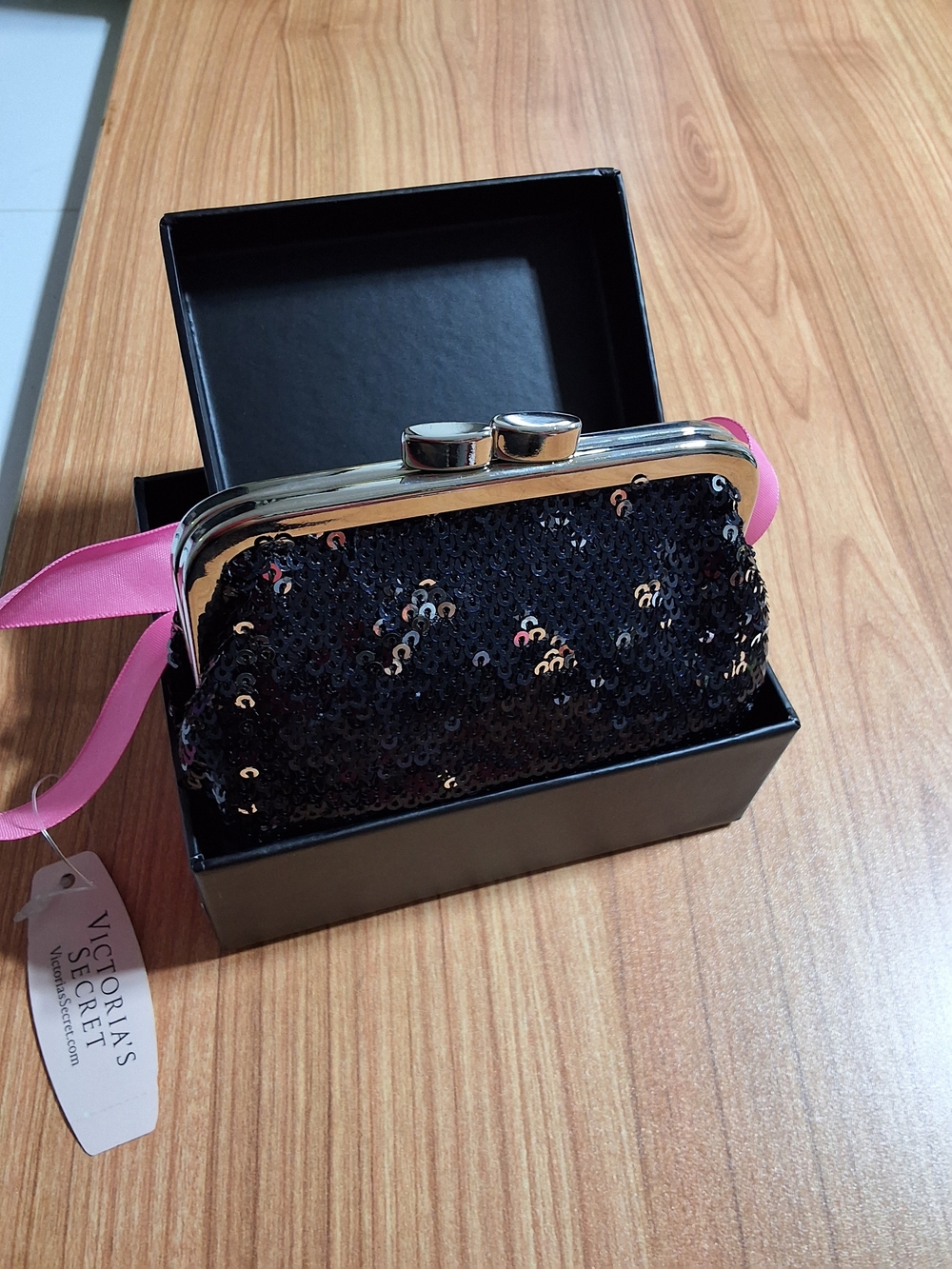 Victoria's Secret Black Sequin Clutch with Pink Ribbon
